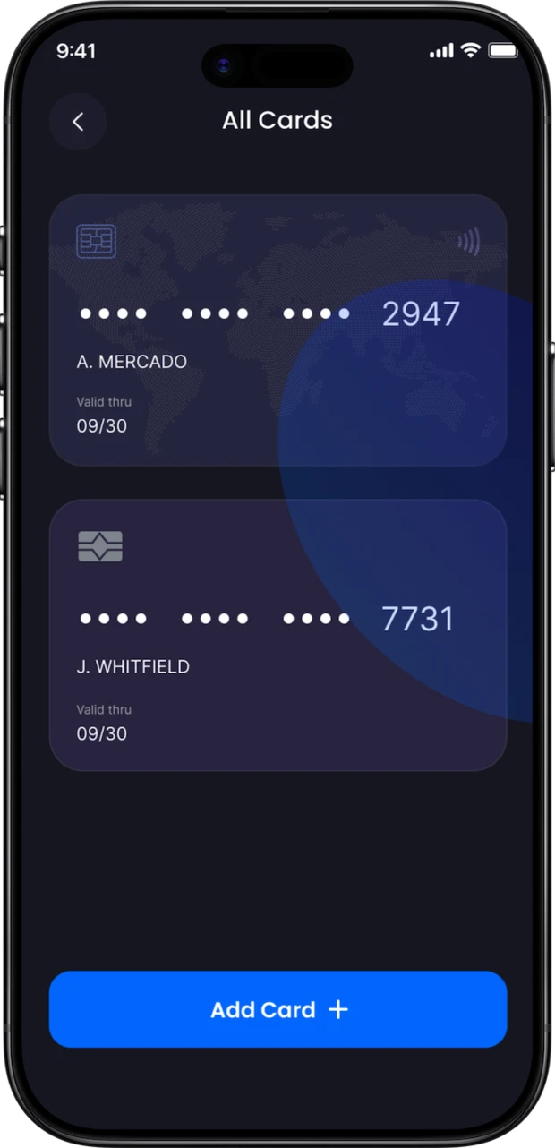 App screen listing the cards issued to a user, each showing a masked card number ending in four digits, the cardholder name and the expiry date, with no payment-network mark.