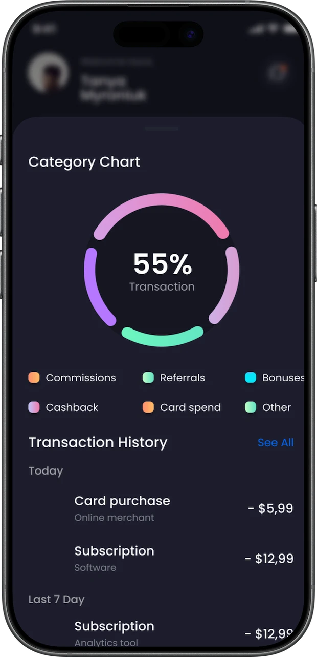 App screen with a category breakdown ring — commissions, referrals, bonuses, cashback, card spend and other — above a transaction history.